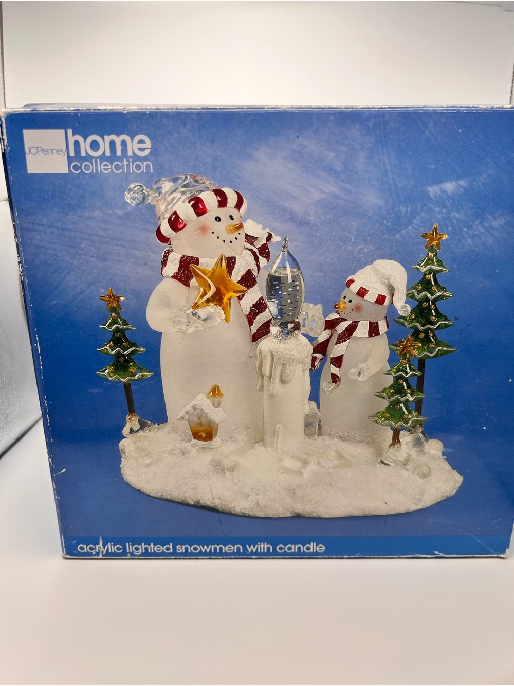Vtg JCPenney Acrylic Lighted Snowman Family Bubble Candle Figurine In Box Works